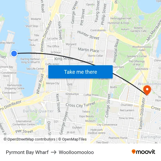 Pyrmont Bay Wharf to Woolloomooloo map