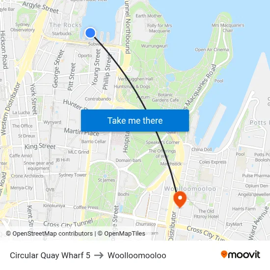 Circular Quay Wharf 5 to Woolloomooloo map