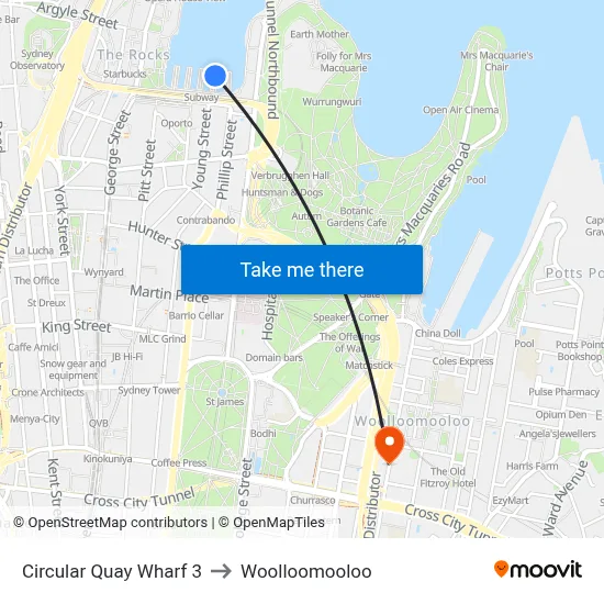 Circular Quay Wharf 3 to Woolloomooloo map