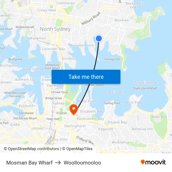 Mosman Bay Wharf to Woolloomooloo map