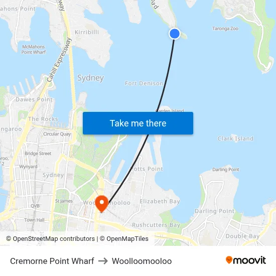 Cremorne Point Wharf to Woolloomooloo map
