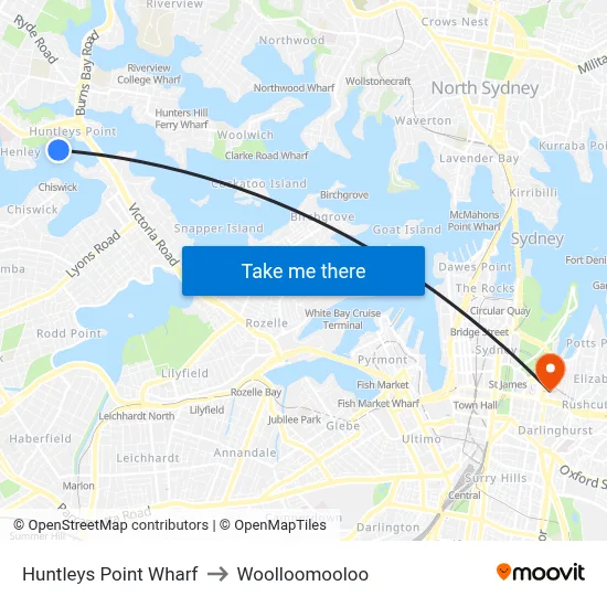 Huntleys Point Wharf to Woolloomooloo map