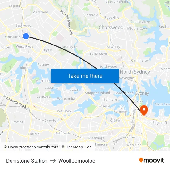 Denistone Station to Woolloomooloo map