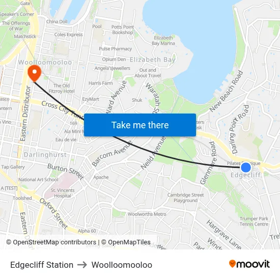 Edgecliff Station to Woolloomooloo map