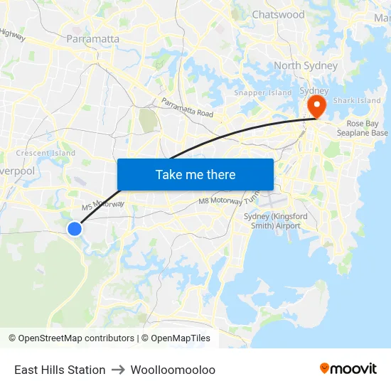 East Hills Station to Woolloomooloo map