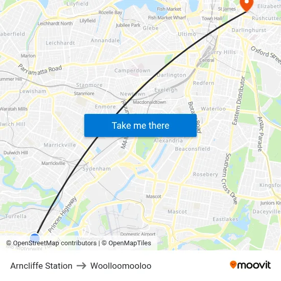 Arncliffe Station to Woolloomooloo map