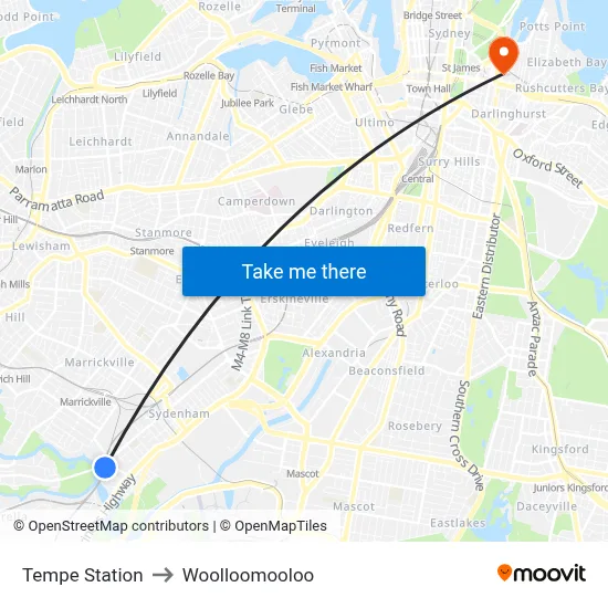 Tempe Station to Woolloomooloo map
