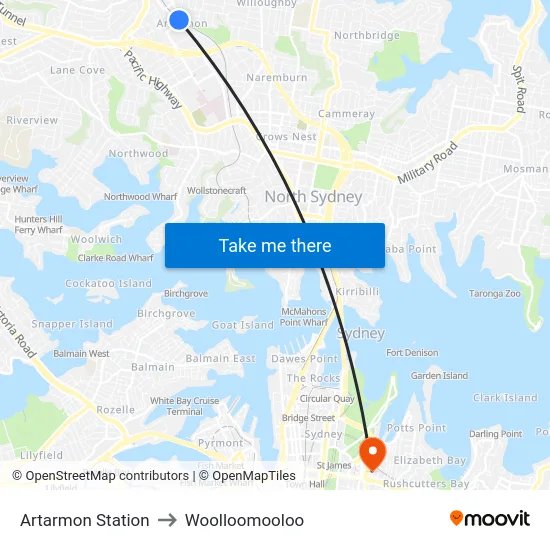 Artarmon Station to Woolloomooloo map
