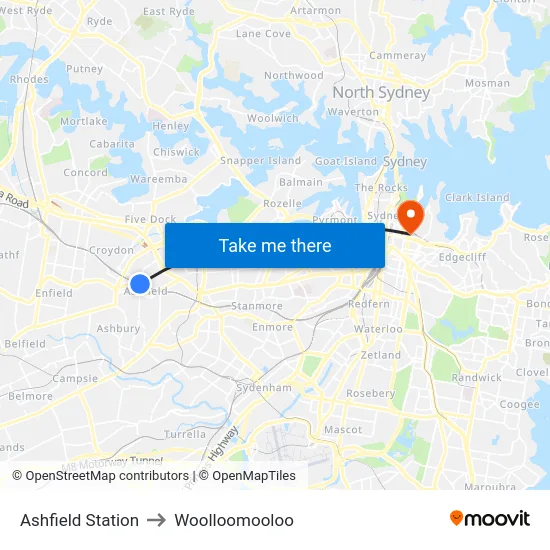 Ashfield Station to Woolloomooloo map