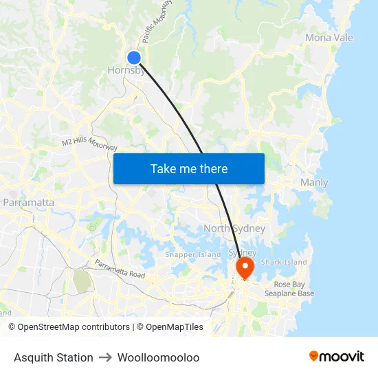 Asquith Station to Woolloomooloo map
