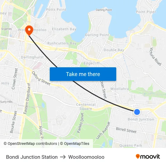 Bondi Junction Station to Woolloomooloo map
