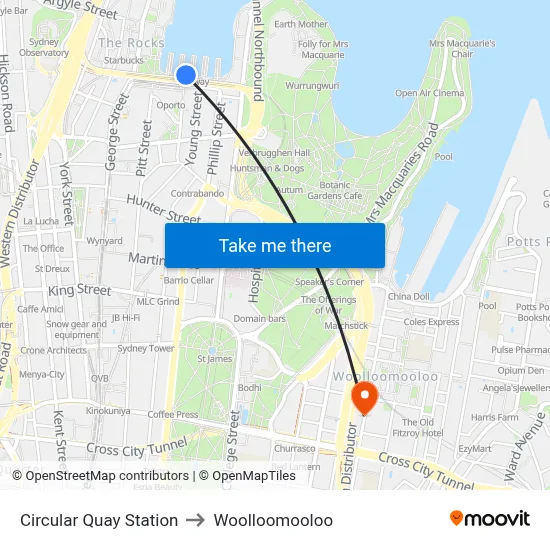 Circular Quay Station to Woolloomooloo map