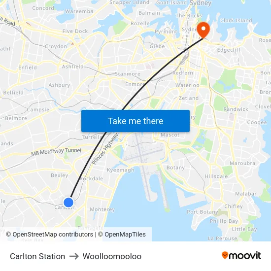 Carlton Station to Woolloomooloo map