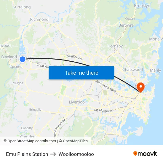 Emu Plains Station to Woolloomooloo map