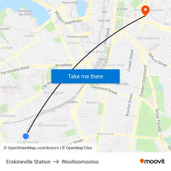 Erskineville Station to Woolloomooloo map