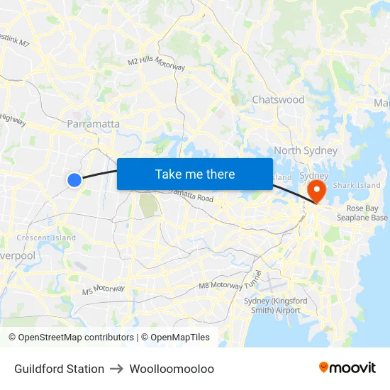 Guildford Station to Woolloomooloo map