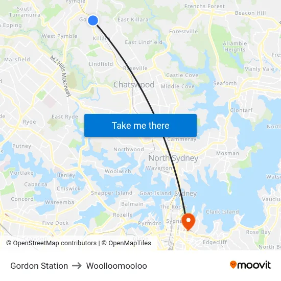 Gordon Station to Woolloomooloo map