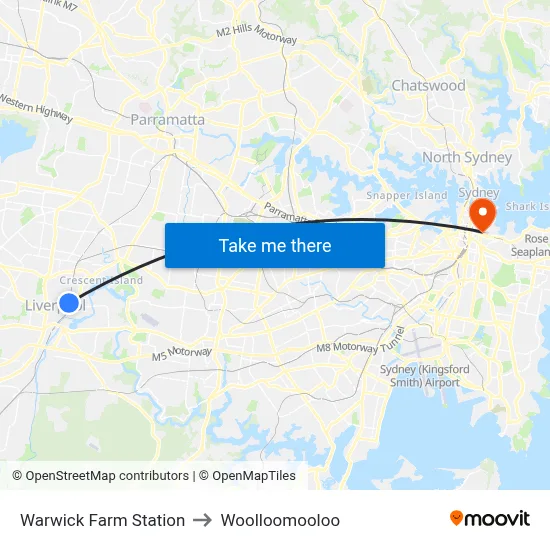 Warwick Farm Station to Woolloomooloo map