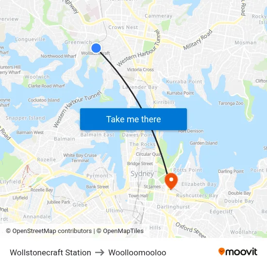 Wollstonecraft Station to Woolloomooloo map