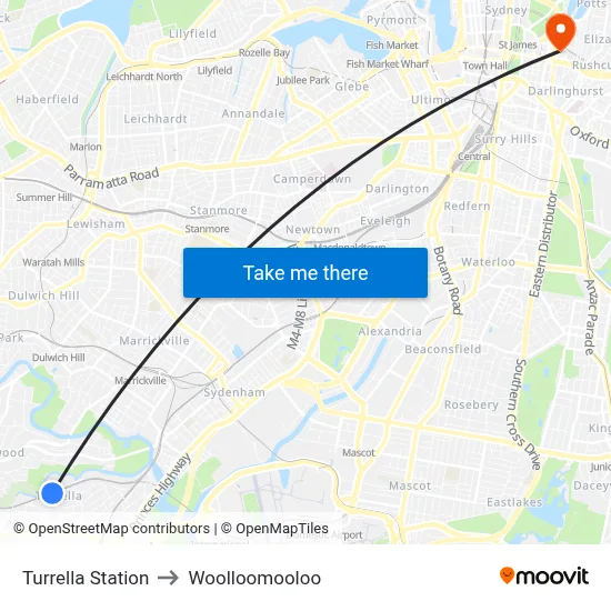 Turrella Station to Woolloomooloo map