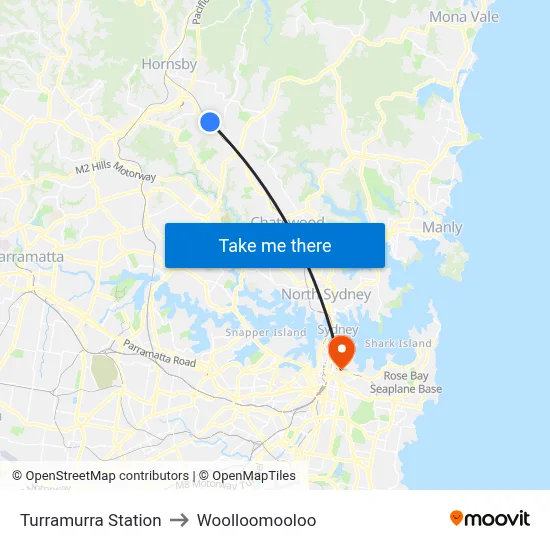 Turramurra Station to Woolloomooloo map