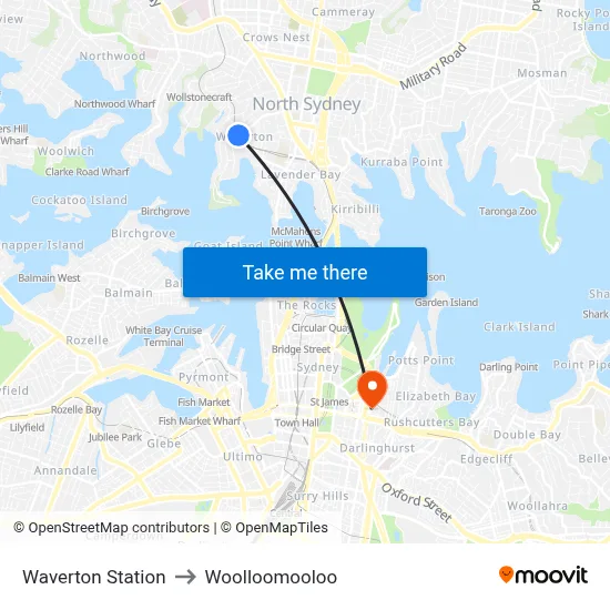 Waverton Station to Woolloomooloo map