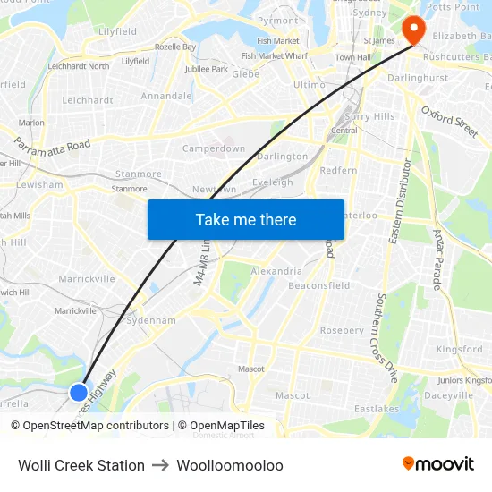 Wolli Creek Station to Woolloomooloo map