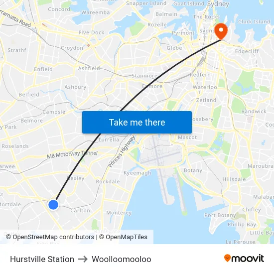 Hurstville Station to Woolloomooloo map