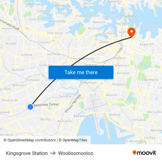 Kingsgrove Station to Woolloomooloo map