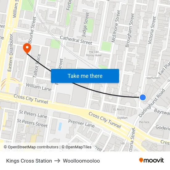 Kings Cross Station to Woolloomooloo map