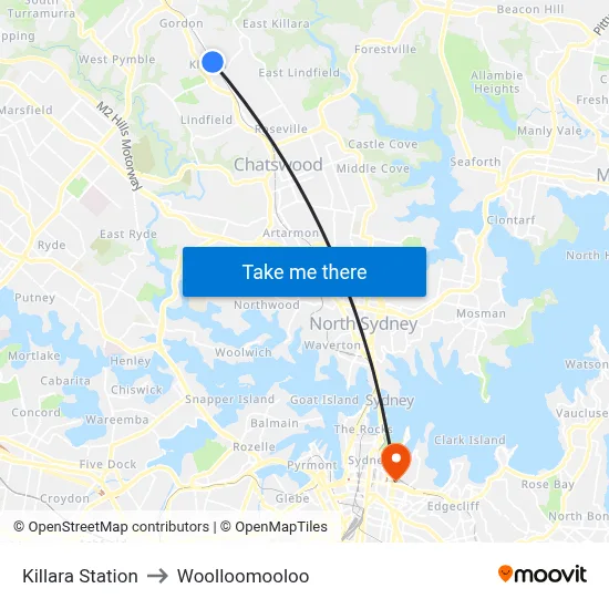 Killara Station to Woolloomooloo map