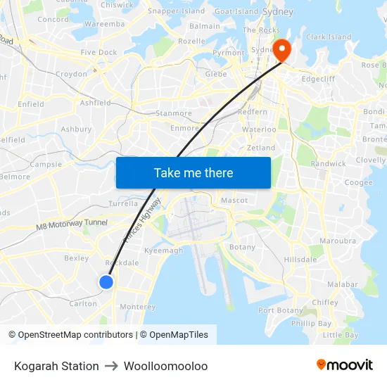 Kogarah Station to Woolloomooloo map