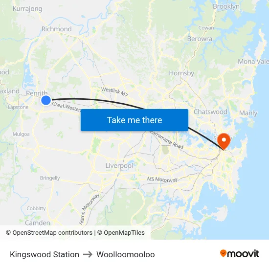 Kingswood Station to Woolloomooloo map