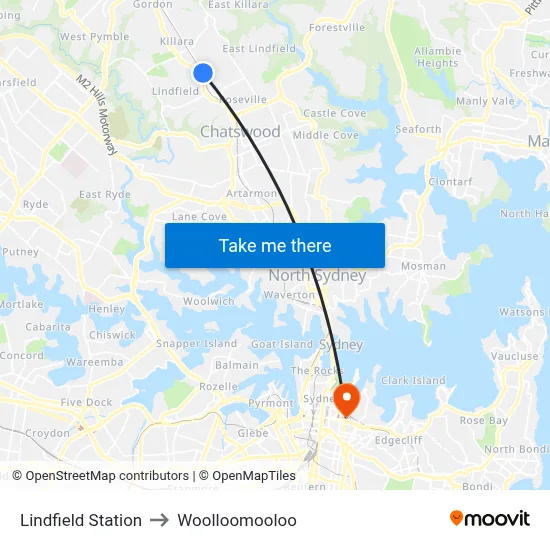Lindfield Station to Woolloomooloo map