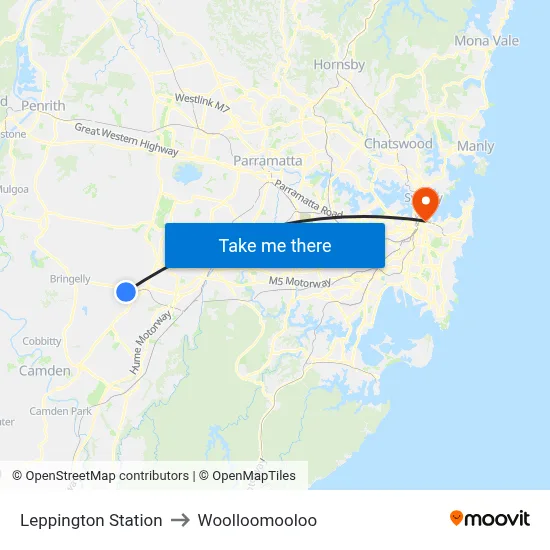 Leppington Station to Woolloomooloo map