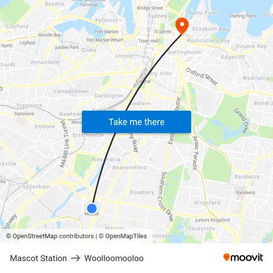 Mascot Station to Woolloomooloo map