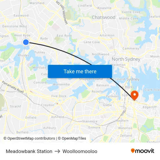 Meadowbank Station to Woolloomooloo map