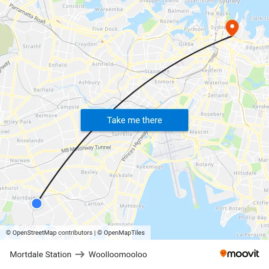 Mortdale Station to Woolloomooloo map