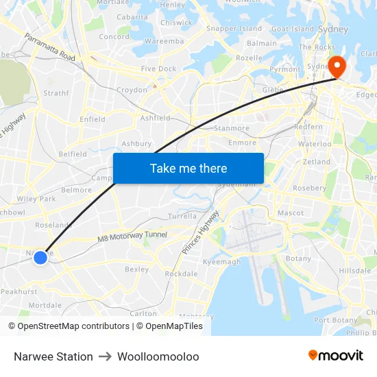 Narwee Station to Woolloomooloo map