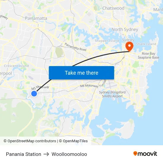 Panania Station to Woolloomooloo map