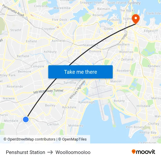Penshurst Station to Woolloomooloo map