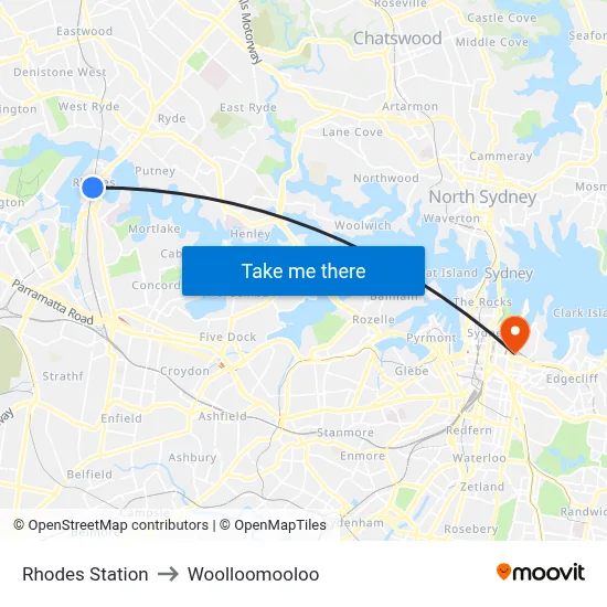Rhodes Station to Woolloomooloo map