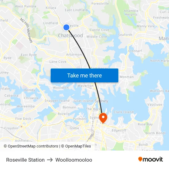 Roseville Station to Woolloomooloo map