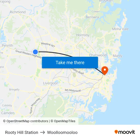 Rooty Hill Station to Woolloomooloo map