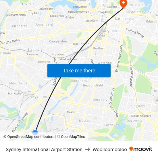 Sydney International Airport Station to Woolloomooloo map