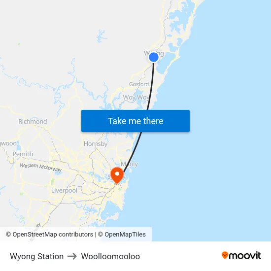 Wyong Station to Woolloomooloo map