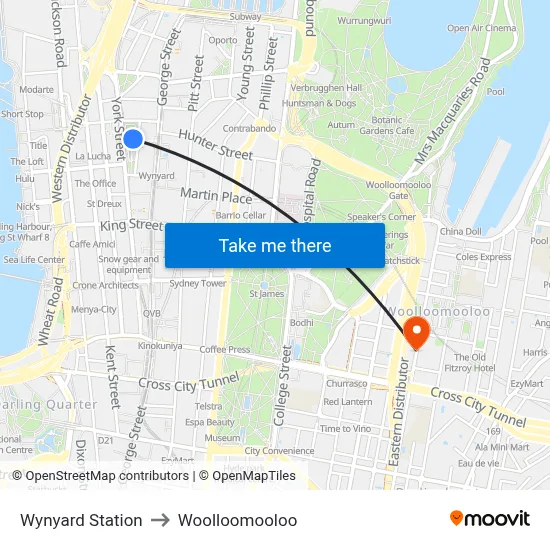 Wynyard Station to Woolloomooloo map