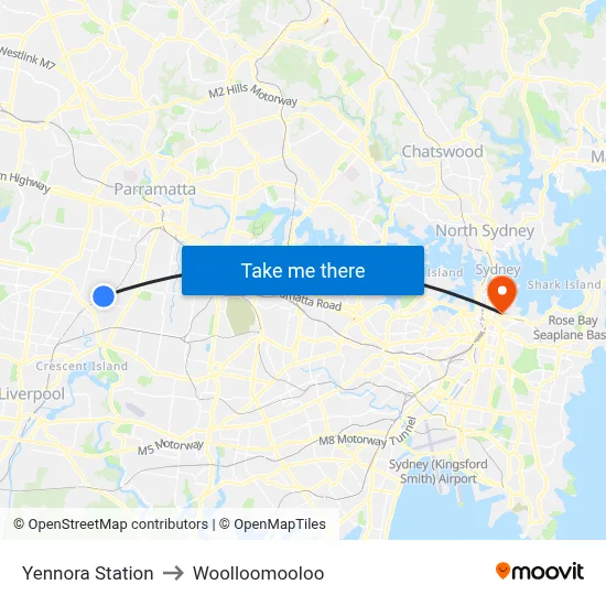 Yennora Station to Woolloomooloo map