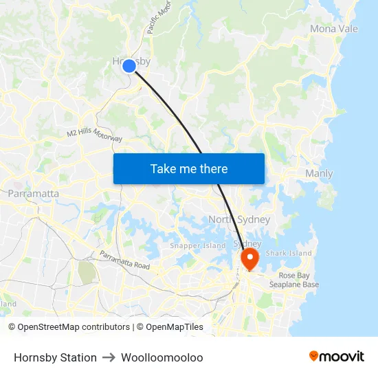 Hornsby Station to Woolloomooloo map