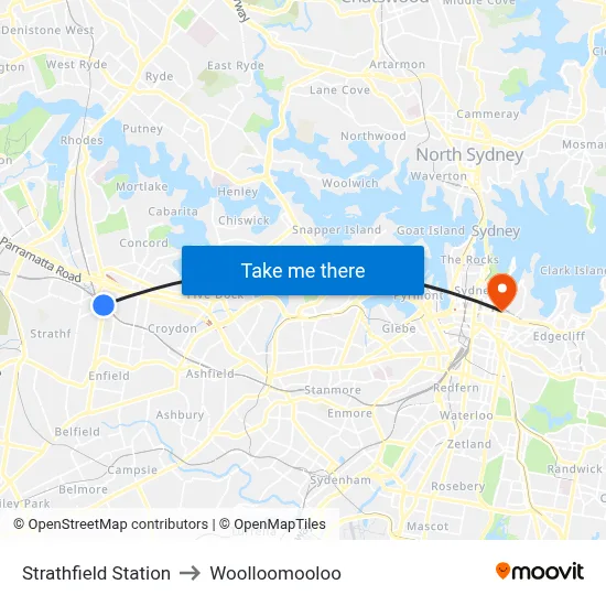 Strathfield Station to Woolloomooloo map